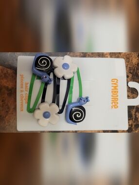 Gymboree Blue Snail & White Flower Snap Clip Set with Green and Navy Accents Nwt